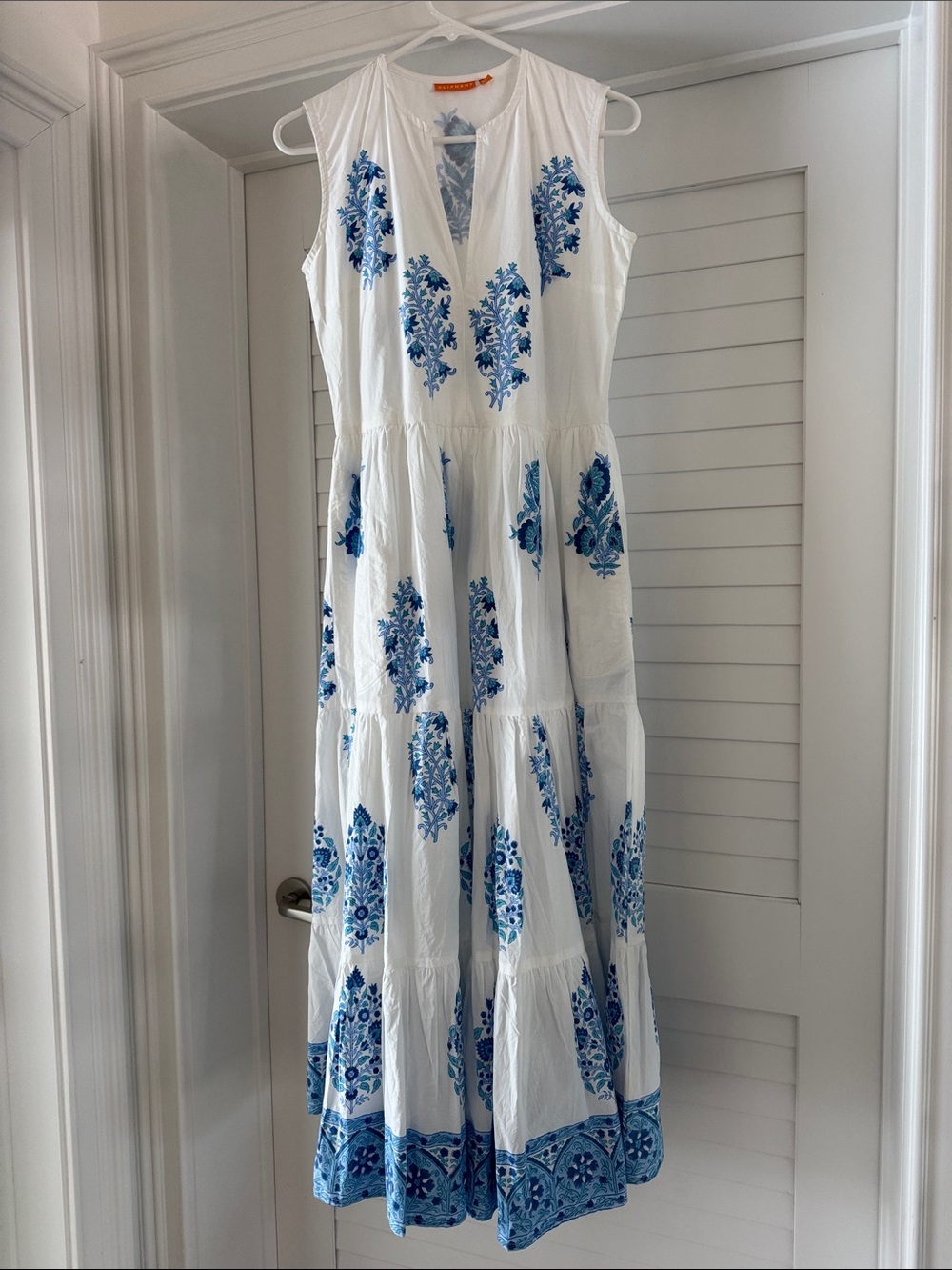 Oliphant White Maxi Dress with Blue Floral Embroidery